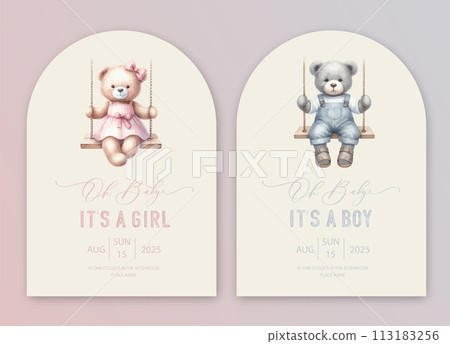 Cute baby shower watercolor invitation card for baby and kids new born celebration. Its a girl, Its a boy card with plush toy teddy bear rides on a swing. Cute baby shower watercolor invitation card for baby and kids new born celebration. Its a girl, Its a boy card with plush toy teddy bear rides on a swing. 113183256