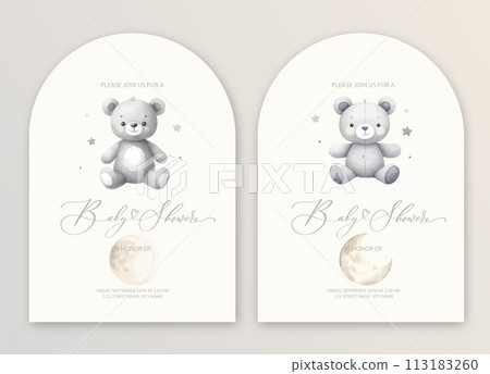 Cute baby shower watercolor invitation card for baby and kids new born celebration with plush teddy bear toy. 113183260