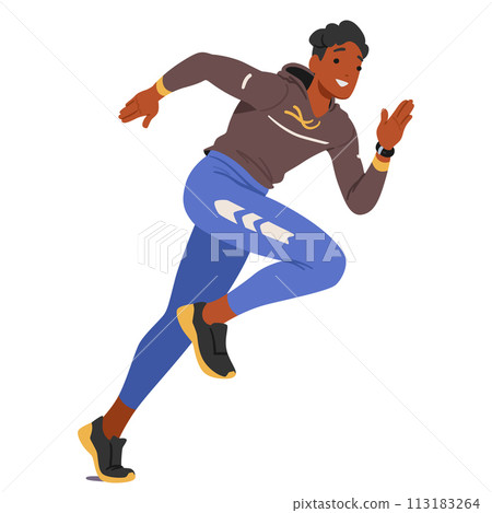 Young Man Athlete Character Dashes Gracefully, His Muscles Flexing With Each Stride, Determination Etched On His Face Young Man Athlete Character Dashes Gracefully, His Muscles Flexing With Each Stride, Determination Etched On His Face 113183264