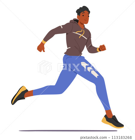 Young Male Athlete Character In Mid-stride, Muscles Tensed, Focus Sharp, Feet Barely Touching The Ground, Vector Young Male Athlete Character In Mid-stride, Muscles Tensed, Focus Sharp, Feet Barely Touching The Ground, Vector 113183268