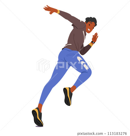 Young Man Runner Athlete Character, Muscles Tensed, Strides Confidently, Arms Pumping, Head Focused Forward Young Man Runner Athlete Character, Muscles Tensed, Strides Confidently, Arms Pumping, Head Focused Forward 113183276