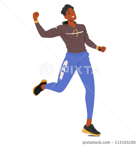 Triumphant Young Man Runner Punches The Air With Clenched Fists, His Face Alight With Joy, As He Crosses The Finish Line 113183280
