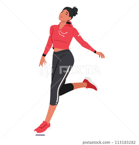 Young Girl Runner Races Forward, Her Limbs In Perfect Harmony With Her Relentless Spirit, Cartoon Vector Illustration 113183282