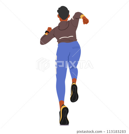 Young Man Athlete Races Forward, Rear View, His Muscular Back and Legs In A Powerful Stride, Embodying Speed 113183283