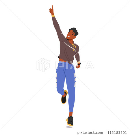 Youthful Runner Athlete Male Character Poised In Motion, With An Index Finger Raised In Determination, Epitomizing Focus Youthful Runner Athlete Male Character Poised In Motion, With An Index Finger Raised In Determination, Epitomizing Focus 113183301