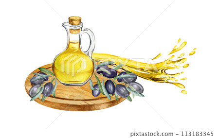 watercolor food composition with yellow olive oil in a glass bottle, brunch of olives on wooden cutting board, jet, stream of fresh oil, food illustration isolated white background watercolor food composition with yellow olive oil in a glass bottle, brunch of olives on wooden cutting board, jet, stream of fresh oil, food illustration isolated white background 113183345