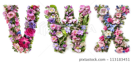 Flower font alphabet V, W, X made of colorful floral letters on white background 113183451