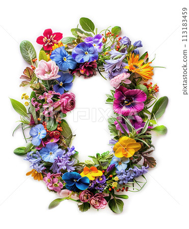 Flower font alphabet O made of colorful floral letter on white background 113183459