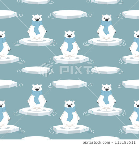 Seamless pattern with cute polar bears on an ice floe on a blue background. Design for print, textile, fabric. Vector Seamless pattern with cute polar bears on an ice floe on a blue background. Design for print, textile, fabric. Vector 113183511