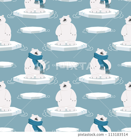 Seamless pattern with cute polar bears on an ice floe on a blue background. Design for print, textile, fabric. Vector 113183514