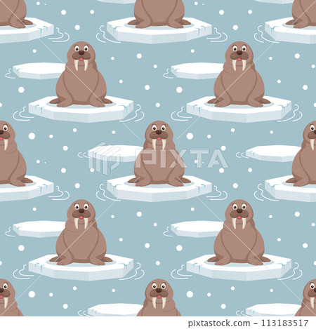 Seamless pattern with cute baby walruses on an ice floe on a blue background. Design for print, textile, fabric. Vector Seamless pattern with cute baby walruses on an ice floe on a blue background. Design for print, textile, fabric. Vector 113183517