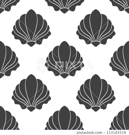 Seamless pattern of scallop seashells. Black silhouette of seashells on a white background. Vector Seamless pattern of scallop seashells. Black silhouette of seashells on a white background. Vector 113183519