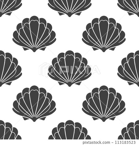 Seamless pattern of scallop seashells. Black silhouette of seashells on a white background. Vector 113183523