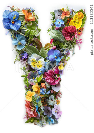Flower font alphabet Y made of colorful floral letter on white background 113183541