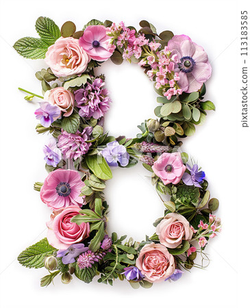 Flower font alphabet B made of colorful floral letter on white background 113183585