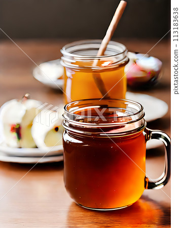 Cozy restaurant with realistic Apple Honey. Cozy restaurant with realistic Apple Honey. 113183638