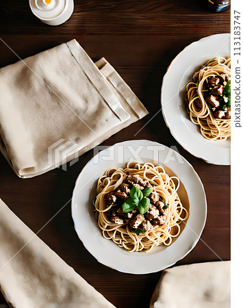 Realistic pasta neutral colors warm lighting detailed Realistic pasta neutral colors warm lighting detailed 113183747