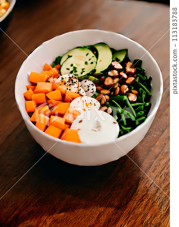 Realistic poke bowl with cozy detailed restaurant Realistic poke bowl with cozy detailed restaurant 113183788