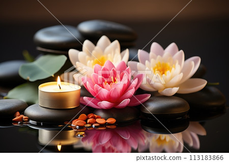 Pink lotuses floating on water with light sparkle and sunset lights Pink lotuses floating on water with light sparkle and sunset lights 113183866