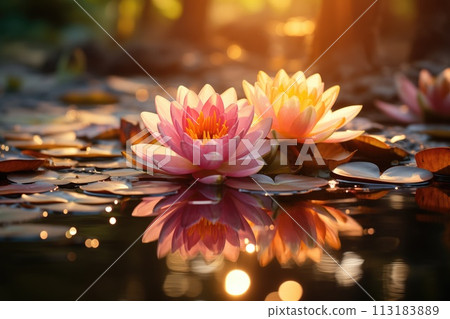 Pink lotuses floating on water with light sparkle and sunset lights Pink lotuses floating on water with light sparkle and sunset lights 113183889