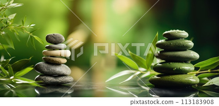 Zen composition with stones in pond water. 113183908