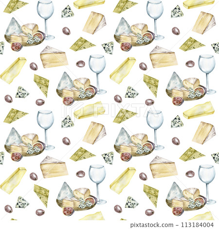 Cheese plate food seamless pattern. Hand drawn background with cheese on wooden plate, wine glass, figs and cheese slices for packing, product, menu, restaurant design 113184004