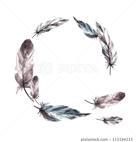 Watercolor monochrome feathers circular arrangement, wreath, frame. Bird gray feathers with graphic line, natural ornaments. Real wings Hand drawn illustration. Clipart on isolated white background Watercolor monochrome feathers circular arrangement, wreath, frame. Bird gray feathers with graphic line, natural ornaments. Real wings Hand drawn illustration. Clipart on isolated white background 113184215