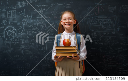 Kid in class on background of blackboard Kid in class on background of blackboard 113184509