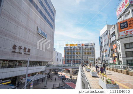 Pedestrian deck and streetscape in front of the west exit of Kita-Senju Station, Adachi Ward, Tokyo 113184660