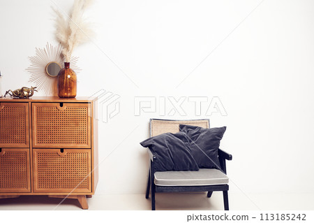 Bouquet of dried pampas grass flowers in glass vase, mirrow, bronze figure of beetle, candle holder on drawers, soft chair with pillows. Background with copy space. Template, mockup for your design. Bouquet of dried pampas grass flowers in glass vase, mirrow, bronze figure of beetle, candle holder on drawers, soft chair with pillows. Background with copy space. Template, mockup for your design. 113185242