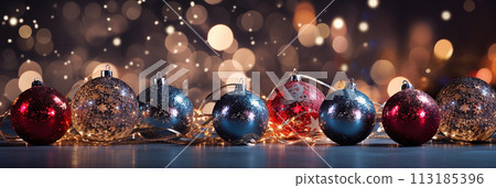 shiny Christmas balls, Christmas tree decorations on a background of fireworks. festive background for Christmas, New Year. shiny Christmas balls, Christmas tree decorations on a background of fireworks. festive background for Christmas, New Year. 113185396