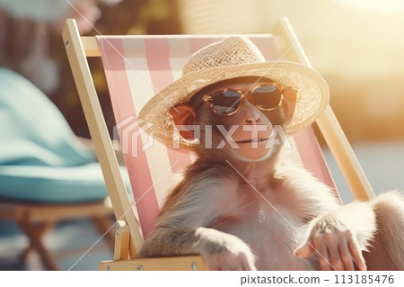 Cute monkey in sunglasses and hat on beach chair enjoying cocktail, tropical vacation concept 113185476