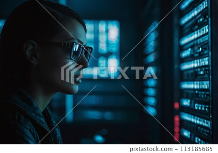 Cyberpunk crime involves a person coding software in a dark server room. 113185685