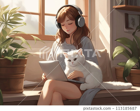 An adorable white cat lying near a laptop and a young girl from work, an anime-style cozy indoor scene. 113185687