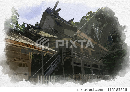 Watercolor painting of Kamitamashi Shrine, main hall, Matsue City, Shimane Prefecture 113185826