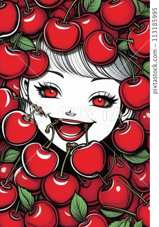 Artistic illustration of a girl among vibrant cherries. 113185995