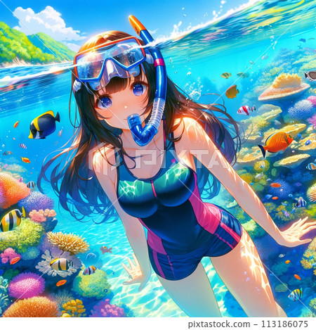 Swimsuit woman playing on coral 113186075