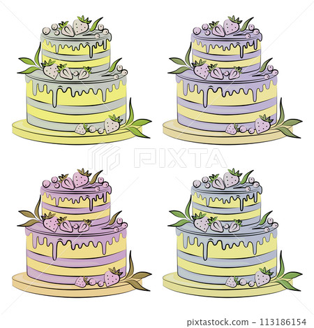 Birthday cake with strawberry isolated illustration. Sweet cake for a surprise birthday, mother's Day, Valentine's Day on a pink background. Birthday cake with strawberry isolated illustration. Sweet cake for a surprise birthday, mother's Day, Valentine's Day on a pink background. 113186154