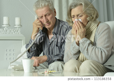 Portrait of elderly man and woman with telephone. Portrait of elderly man and woman with telephone. 113186358
