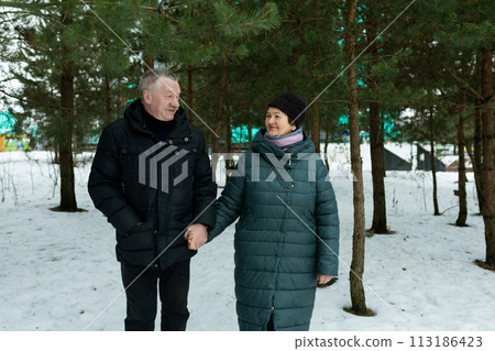 Cute retired couple going for a walk and holding hands together 113186423