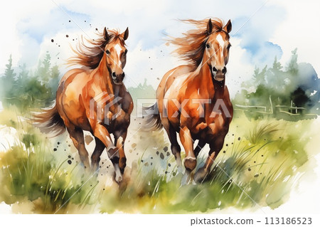 Chestnut horses galloping on grassland watercolor style by Generative AI 113186523
