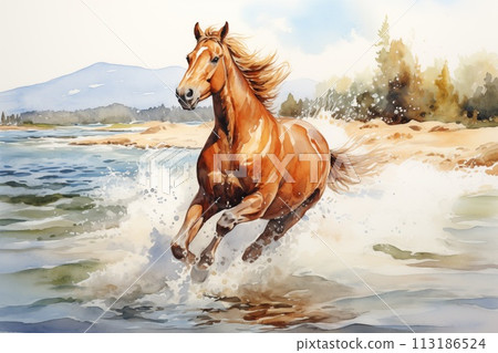 Chestnut horse galloping on shore watercolor style by Generative AI 113186524