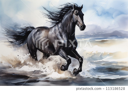 black horse galloping on shore watercolor style by Generative AI 113186528