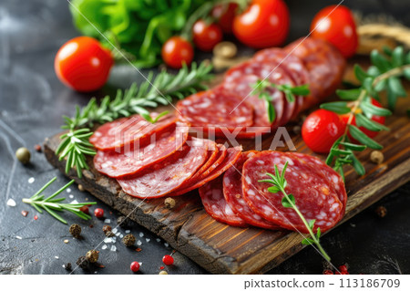 Sliced raw smoked sausage Sliced raw smoked sausage 113186709