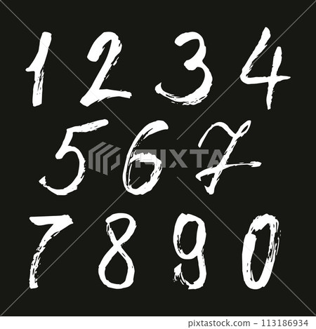 Set of calligraphic numbers painted by white brush on isolated black background. Lettering for your design. Vector illustration. Set of calligraphic numbers painted by white brush on isolated black background. Lettering for your design. Vector illustration. 113186934