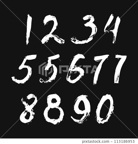 Set of calligraphic numbers painted by white brush on isolated black background. Lettering for your design. Vector illustration. 113186953