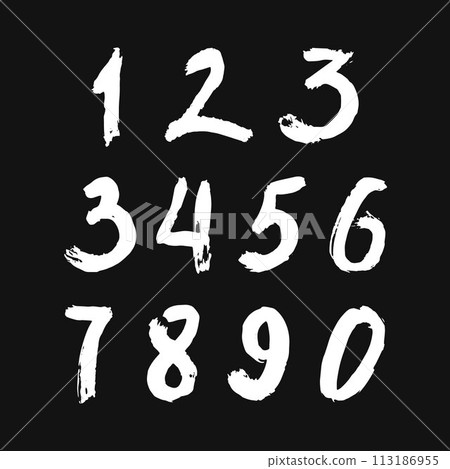 Set of calligraphic numbers painted by white brush on isolated black background. Lettering for your design. Vector illustration. Set of calligraphic numbers painted by white brush on isolated black background. Lettering for your design. Vector illustration. 113186955