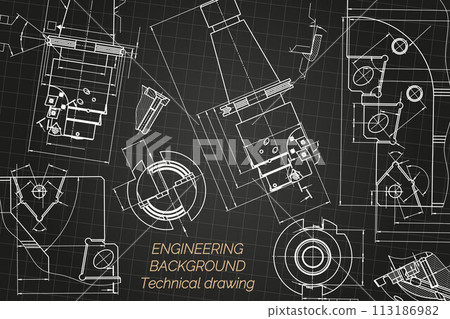 Mechanical engineering drawings on black background. Tap tools, borer. Technical Design. Cover. Blueprint. Vector illustration. 113186982