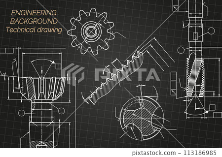 Mechanical engineering drawings on black background. Tap tools, borer. Technical Design. Cover. Blueprint. Vector illustration. Mechanical engineering drawings on black background. Tap tools, borer. Technical Design. Cover. Blueprint. Vector illustration. 113186985