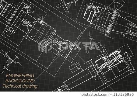 Mechanical engineering drawings on black background. Tap tools, borer. Technical Design. Cover. Blueprint. Vector illustration. Mechanical engineering drawings on black background. Tap tools, borer. Technical Design. Cover. Blueprint. Vector illustration. 113186986